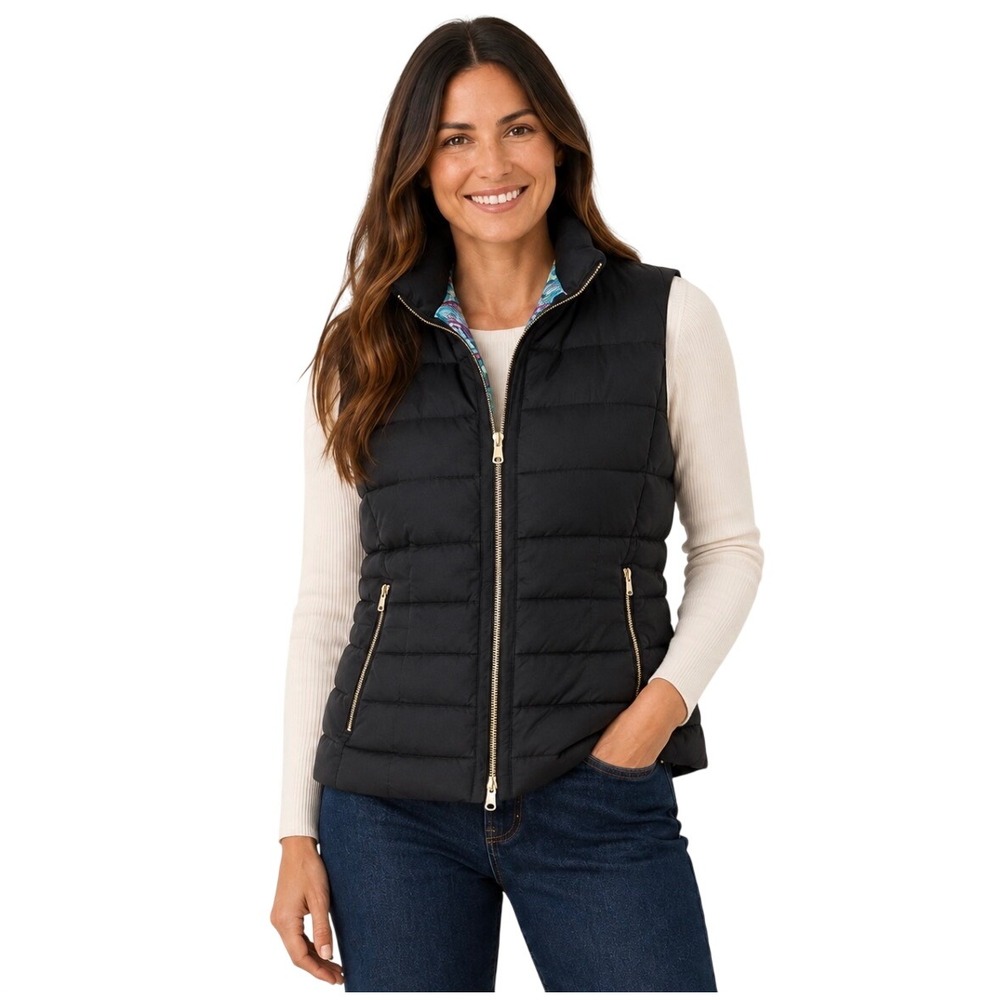 Lilly Pulitzer Black Puffer Vest XL Paisley Floral Lining Down Feather Gold Zip